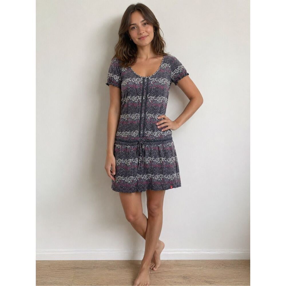 Esprit Floral Mini Dress Size S Gray Boho Print Drawstring Waist Cotton Blend